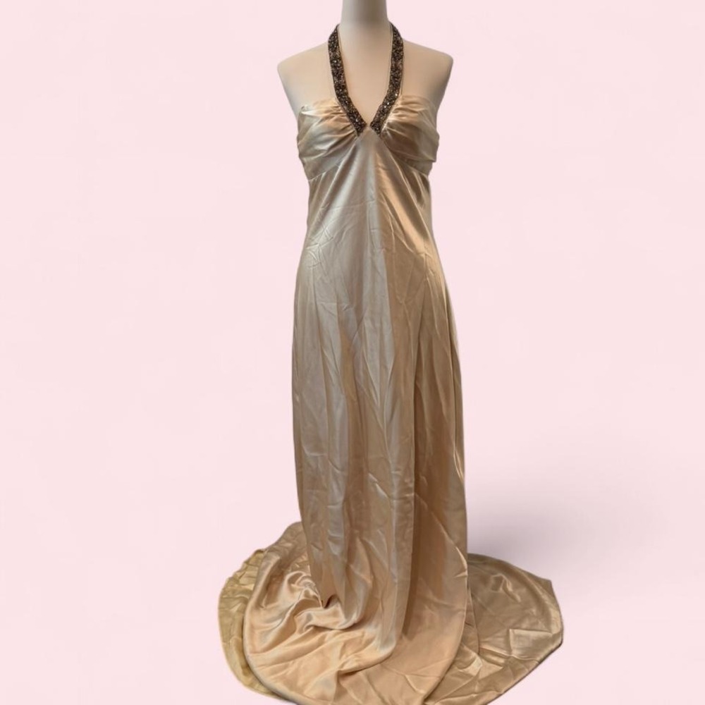Y2K ABS Essentials Champagne Satin Halter Maxi Gown‎ Beaded Neckline Size 12